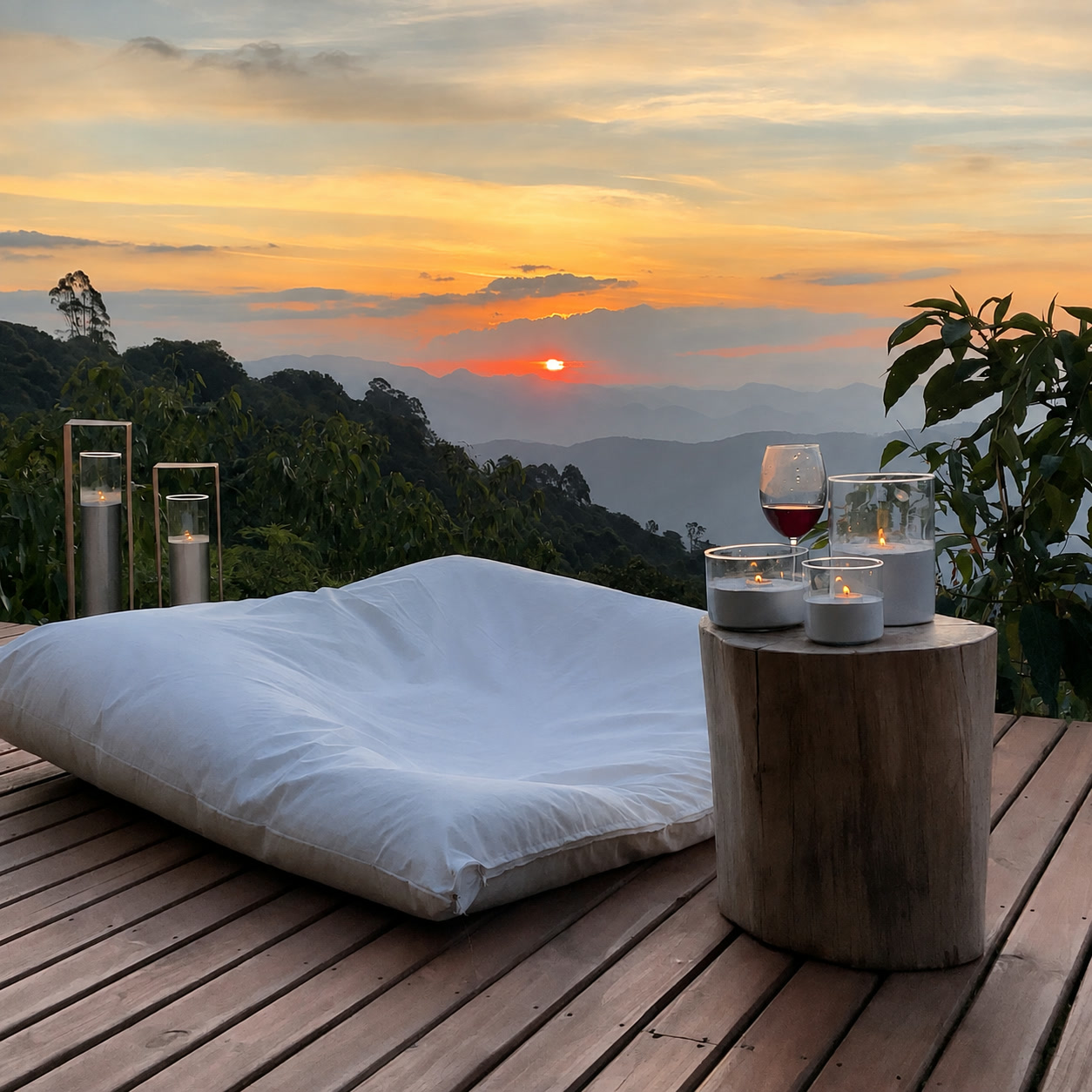 Cama de casal no deck ao fim da tarde