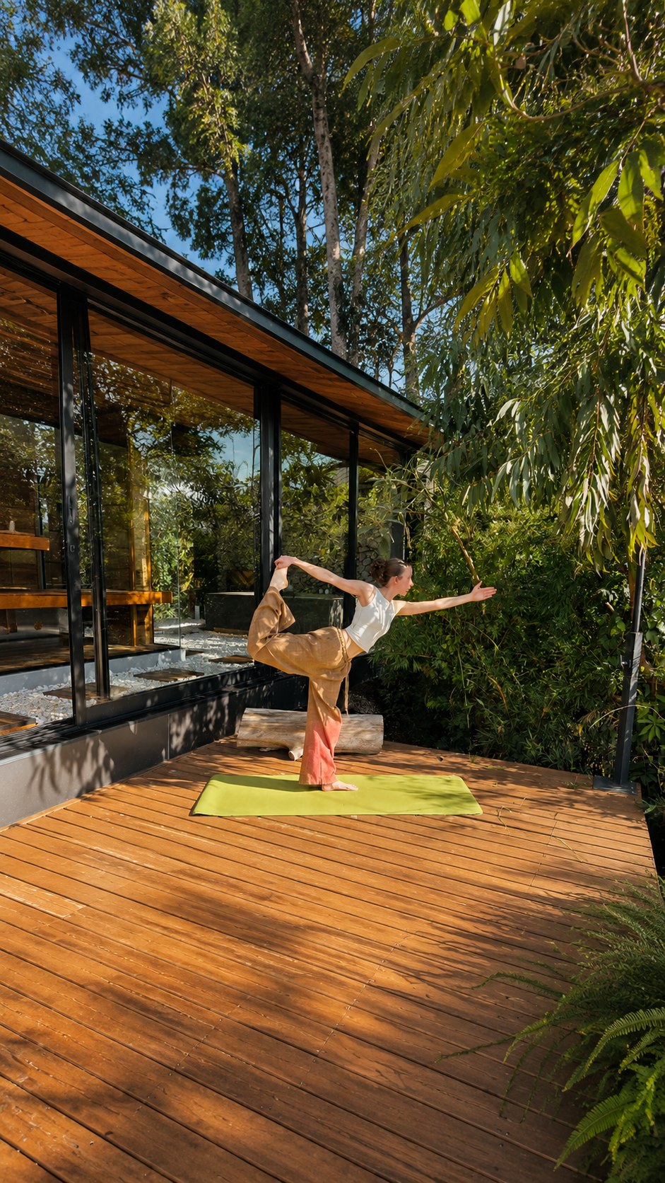 Prática de Hatha Yoga no deck da Casa Spa cercado pela mata
